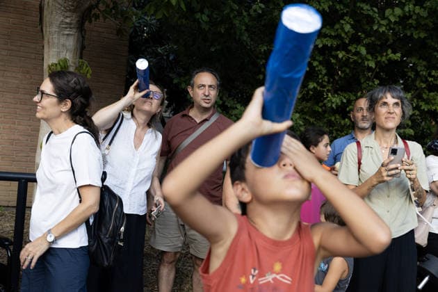 Solar eclipse in Italy CASERTA, ITALY - AUGUST 12: People watch the solar eclipse inside the Caserta planetarium, in Caserta, Southern Italy, on August 12, 2026. A solar eclipse is an optical-astronomical phenomenon, usually associated with the sun-earth-moon system, characterized by the obscuration of all or part of the solar disk by the moon, as seen from Earth. Iso Ekle Anadolu Caserta Italy. Editorial use only. Please get in touch for any other usage.  Copyright: x2026xAnadoluxIsoxEklex