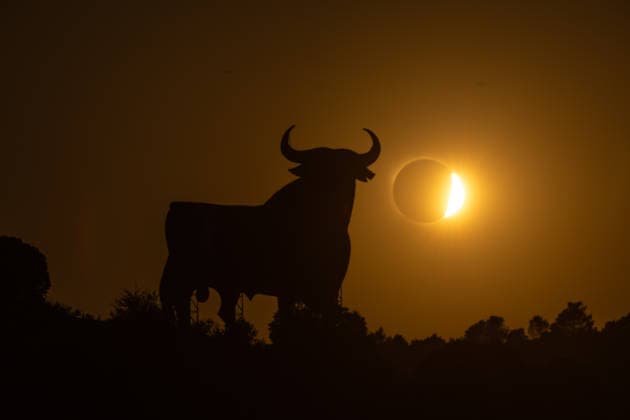 Zaragoza Observes the 2026 Total Solar Eclipse The Osborne Bull in Calatayud during the 2026 total solar eclipse, on August 12, 2026, in Zaragoza, Aragon, Spain. This is the first total solar eclipse visible from the Iberian Peninsula in over a century. The path of totality crosses Spain from west to east and passes through numerous provincial capitals, from which observers will be able to catch a glimpse of the first event in the so-called trio of eclipses, since on August 2, 2027, another total eclipse will cross Spain, and on January 26, 2028, an annular eclipse will occur. Jesús Hellí, Spain Copyright: xJesusxHellinx 7711688