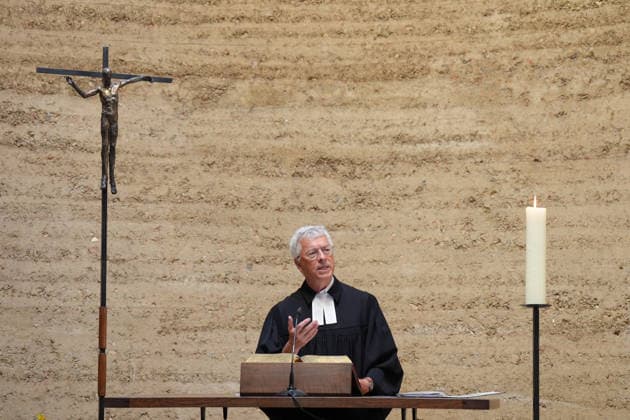 Commemoration of the 65th Anniversary of the Construction of the Berlin Wall: Pastor Thomas Jeutner delivering her speech and address during the church service as part of the commemoration of the 65th anniversary of the construction of the Berlin Wall, Berlin, August 13, 2026, Berlin, Berlin, Germany