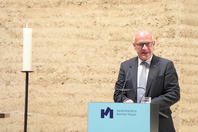 Commemoration Ceremony Marking the 65th Anniversary of the Construction of the Berlin Wall: A Portrait of Kai Wegener, Governing Mayor of Berlin, Delivering His Speech at the Commemoration Ceremony Marking the 65th Anniversary of the Construction of the Berlin Wall, Berlin, August 13, 2026, Berlin, Berlin, Germany