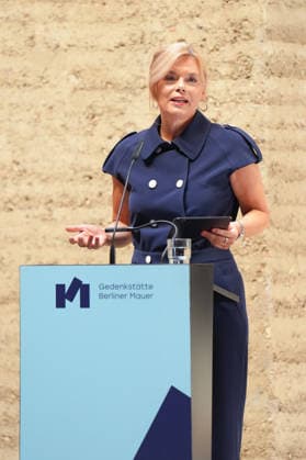 Commemoration of the 65th Anniversary of the Construction of the Berlin Wall: Bundestag President Julia Kloeckner delivering her speech at the commemoration of the 65th anniversary of the construction of the Berlin Wall, Berlin, August 13, 2026, Berlin, Germany