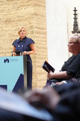 Commemoration of the 65th Anniversary of the Construction of the Berlin Wall: Bundestag President Julia Kloeckner delivering her speech at the commemoration of the 65th anniversary of the construction of the Berlin Wall, Berlin, August 13, 2026, Berlin, Germany