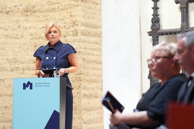 Commemoration of the 65th Anniversary of the Construction of the Berlin Wall: Bundestag President Julia Kloeckner delivering her speech at the commemoration of the 65th anniversary of the construction of the Berlin Wall, Berlin, August 13, 2026, Berlin, Germany