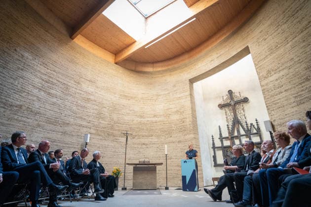 Julia Klöckner, President of the German Bundestag, delivers a commemorative speech in the presence of, among others, Wolfram Weimer, Kai Wegner, Axel, and Thomas Jeutner. 65th anniversary of the construction of the Berlin Wall. Commemoration ceremony on August 13, 2026, at the Chapel of Reconciliation, Berlin Wall Memorial, Berlin, Germany. Berlin Wall Memorial, Ka
