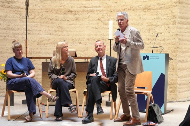 Commemoration of the 65th Anniversary of the Construction of the Berlin Wall: Eyewitness Joerg Hildebrandt with his children Antonia and Caecilia, together with Prof. Dr. Axel Klausmeier, during a panel discussion as part of the commemoration of the 65th anniversary of the construction of the Berlin Wall, Berlin, August 13, 2026, Berlin, Germany