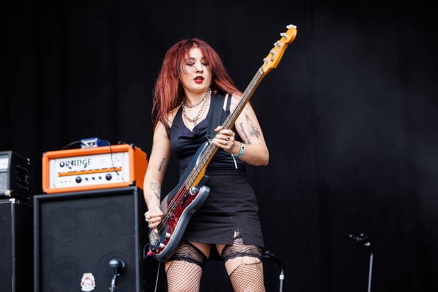 Lambrini Girls live at Oyafestivalen 2026 Oslo, Norway. 13th, August 2026. The English punk rock band Lambrini Girls performs a live concert during the Norwegian music festival Oyafestivalen 2026 in Oslo. Here bass player Selin Macieira-BoÅügelmez is seen live on stage. Norway, Oslo  Copyright: xGonzalesxPhoto KetilxMartinsenx