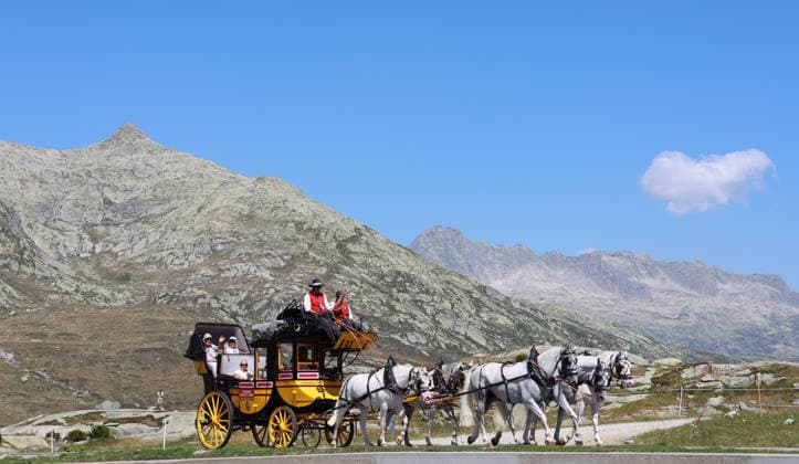 August 13, 2026 Switzerland Nostalgic Stagecoach Photo, Gotthard Post, Historic Stagecoach Ride from Andermatt over the Gotthard Pass via the Tremola Road to Airolo