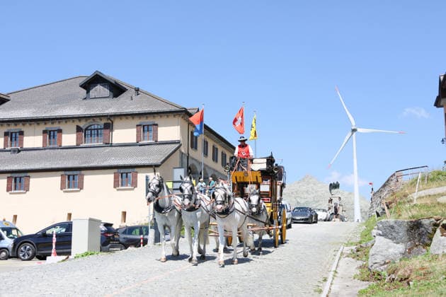 August 13, 2026 Switzerland Nostalgia Stagecoach BGotthardpost, Historic stagecoach ride from Andermatt over the Gotthard Pass via the Tremola Road to Airolo Photo: Arrival at the Gotthard Pass,