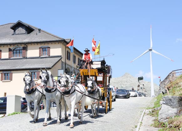 August 13, 2026 Switzerland Nostalgia Stagecoach BGotthardpost, Historic stagecoach ride from Andermatt over the Gotthard Pass via the Tremola Road to Airolo Photo: Arrival at the Gotthard Pass,