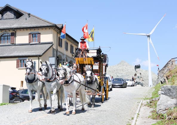 August 13, 2026 Switzerland Nostalgia Stagecoach BGotthardpost, Historic stagecoach ride from Andermatt over the Gotthard Pass via the Tremola Road to Airolo Photo: Arrival at the Gotthard Pass,