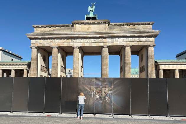 August 13, 2026, 65th anniversary of the construction of the Berlin Wall; a temporary, artificial, translucent wall was erected at the Brandenburg Gate as a symbol of Germany s division; installation, Berlin, Germany