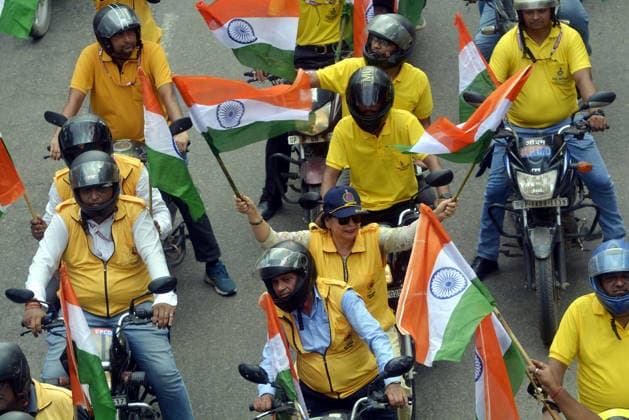 RECORD DATE NOT STATED GHAZIABAD, INDIA - AUGUST 13: Uttar Pradesh Police personnel and Civil Defence volunteers participate in a Tiranga bike rally organised by the district administration along with Civil Defence and Uttar Pradesh Police as part of the nationwide Har Ghar Tiranga campaign ahead of 80th Independence Day on August 13, 2026 in Ghaziabad, India. (Photo by Sakib Ali Hindustan Times) Ghaziabad Police Personnel Take Out Tiranga Bike Rally Ahead Of Independence Day