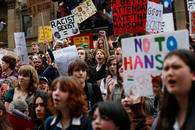 Students Protest Against One Nation in Melbourne, Australia – 13 Aug 2026 A Protester shouts slogans during the rally. Thousands of university and high school students marched through Melbourne’s CBD as part of a nationwide student protest against Pauline Hanson and One Nation. Organisers said the action was aimed at opposing the party’s policies and political views and raising concerns about the growing support for One Nation. The protest comes as One Nation campaigns in Victoria ahead of the 2026 Victorian state election, with Hanson leading the party’s campaign. Melbourne Australia Copyright: xYexMyoxKhantx xSOPAxImagesx Ye-Myo-Khant-1441833