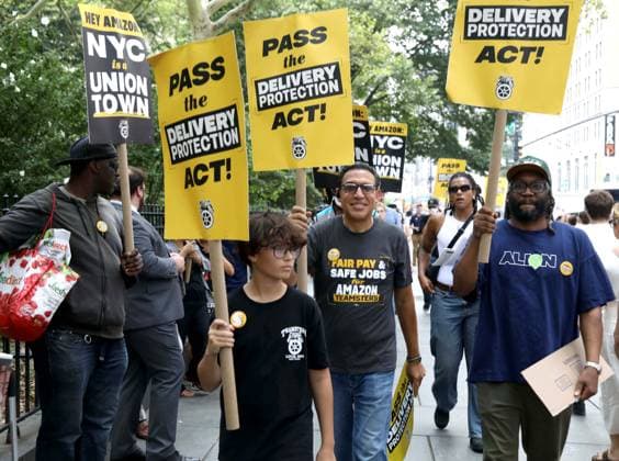 August 13, 2026, New York, New York, USA: Amazon Teamsters and Allies picket outside of City Hall for passage of the Delivery Protection Act. The Delivery Protection Act would require companies like Amazon to hire its workforce directly, essentially making AmazonÃ¢â‚¬â ¢s corrupt third-party Delivery Service Partner model illegal in New York City. New York USA - ZUMAk03_ 20260813_zaf_k03_070 Copyright: xNancyxKaszermanx