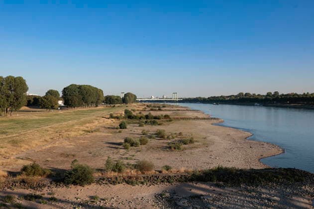 Poller Wiesen: Due to historically low water levels in the Rhine, logistics have been severely disrupted. This is creating challenges and consequences for everyday life. There is a risk that transport routes along the Rhine will be cut off. Consumer costs are rising for food, fuel, and other goods Foto:xR.xSchmiegeltx xFuturexImagex neidrigwasser_6810