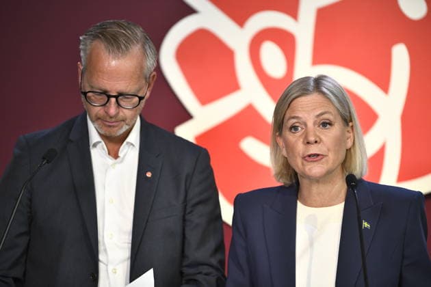 STOCKHOLM, SWEDEN, August 14, 2026 — Mikael Damberg (S), the Social Democrats’ spokesperson on economic policy, and Magdalena Andersson (S), party leader, present an election pledge. STOCKHOLM, SWEDEN x12060x  Copyright: xLarsxSchröder TTx PRESSTRÄFF SOCIALDEMOKRATERNA VALLÖFTE Swxc188B0eo