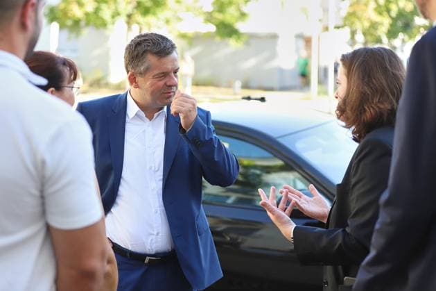 Halle-Saale, Saxony-Anhalt, Germany, August 14, 2026: State Premier Visits ProCurand Care Facility; Sven Schulze (CDU) is welcomed by Care Services Director Madeleine Greve Copyright: xdtsxNachrichtenagenturx dts_130126
