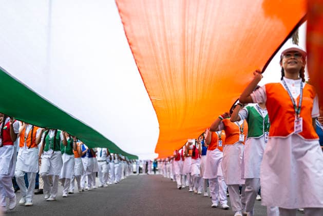 August 14, 2026, New Delhi, Delhi, India: Students and teachers take part in a Tiranga Yatra as a Delhi school celebrates IndiaÃ¢â‚¬â ¢s 80th Independence Day in New Delhi. Students carry a 100 foot long Indian national flag during the procession, promoting a message of unity, solidarity and national pride. New Delhi India  - ZUMAt180 20260814_zip_t180_013 Copyright: xJaixThakurx
