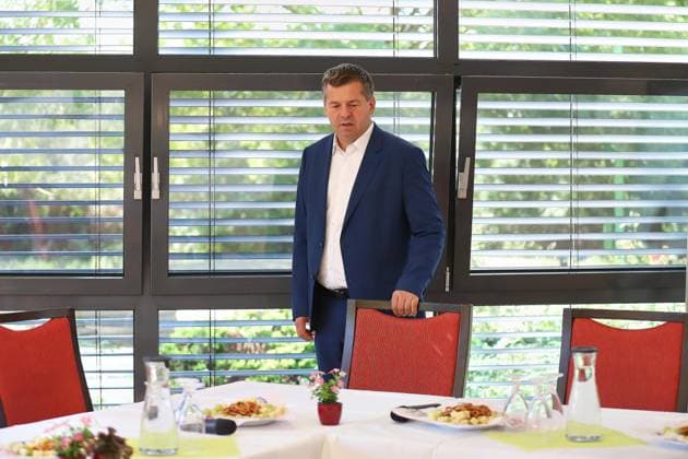 Halle, Saale, Saxony-Anhalt, Germany, August 14, 2026: The Minister President visits the ProCurand nursing facility. Sven Schulze (CDU) is standing at a table with snacks. Copyright: xdtsxNachrichtenagenturx dts_130143