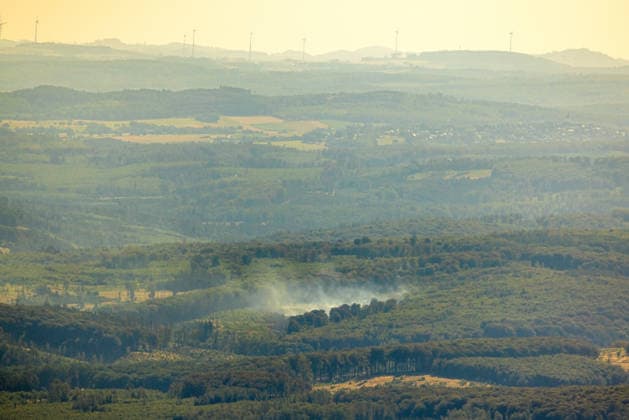 Aerial view of Arnsberg, extinguished forest fire in the Arnsberg Forest near Delecke, Möhnesee, fire department, fire watch, Sauerland, North Rhine-Westphalia, Germany ATTENTION: MINIMUM FEE: 60 EUR