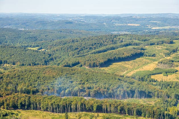 Aerial view of Arnsberg, extinguished forest fire in the Arnsberg Forest near Delecke, Möhnesee, fire department, fire watch, Sauerland, North Rhine-Westphalia, Germany ATTENTION: MINIMUM FEE: 60 EUR