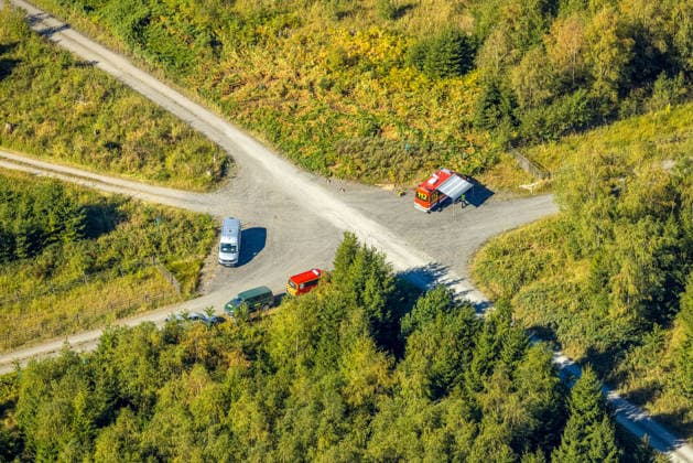 Aerial view of Arnsberg, extinguished forest fire in the Arnsberg Forest near Delecke, Möhnesee, fire department, fire watch, Sauerland, North Rhine-Westphalia, Germany ATTENTION: MINIMUM FEE: 60 EUR