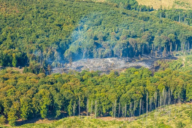 Aerial view of Arnsberg, extinguished forest fire in the Arnsberg Forest near Delecke, Möhnesee, fire department, fire watch, Sauerland, North Rhine-Westphalia, Germany ATTENTION: MINIMUM FEE: 60 EUR
