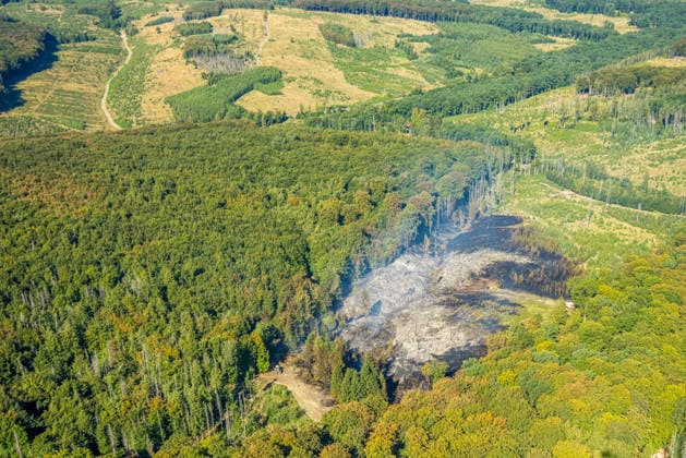 Aerial view of Arnsberg, extinguished forest fire in the Arnsberg Forest near Delecke, Möhnesee, fire department, fire watch, Sauerland, North Rhine-Westphalia, Germany ATTENTION: MINIMUM FEE: 60 EUR