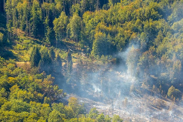 Aerial view of Arnsberg, extinguished forest fire in the Arnsberg Forest near Delecke, Möhnesee, fire department, fire watch, Sauerland, North Rhine-Westphalia, Germany ATTENTION: MINIMUM FEE: 60 EUR