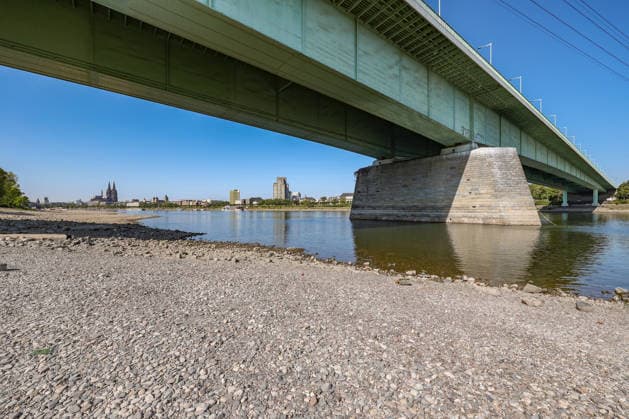 Summer in the Rhineland: View of the Rhine near Cologne (Deutz). The Rhine in Cologne is at low water levels due to persistent drought. In the center of the image is the Zoobrücke bridge; in the background on the left is Cologne Cathedral. Summer in the Rhineland on August 14, 2026, in Cologne Germany