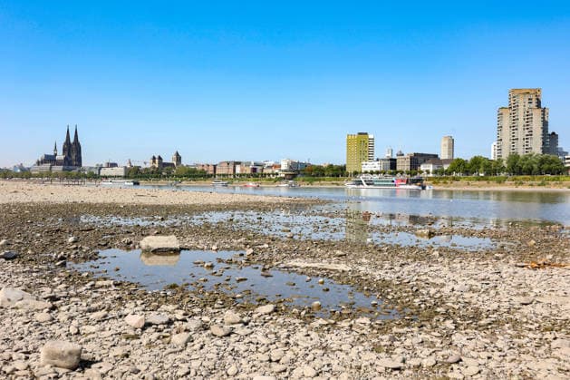 Summer in the Rhineland: View of the Rhine near Cologne, Deutz. The Rhine in Cologne is at low water levels due to persistent drought. In the background, to the left, is Cologne Cathedral. Summer in the Rhineland on August 14, 2026, in Cologne, Germany