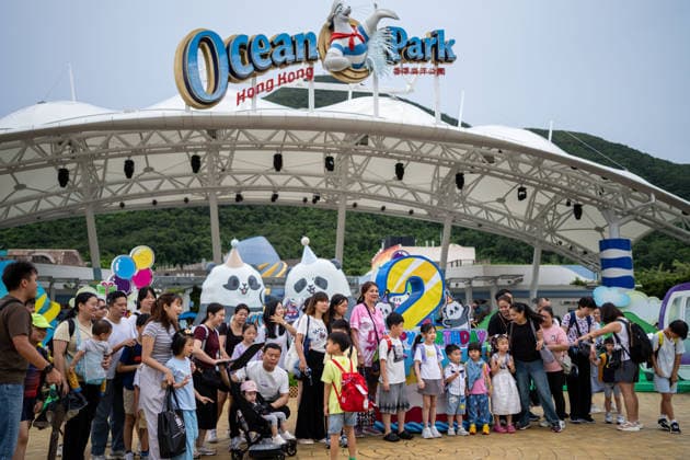 Hong Kong Panda Twins Mark 2nd Birthday Visitors taking photos with a display themed after the panda twins 2nd birthday at the entrance of Hong Kong Ocean Park on August 14, 2026 in Hong Kong. The Hong Kong Panda twins today celebrated their 2nd birthday. (Photo by Vernon Yuen Nexpher Images) HONG KONG