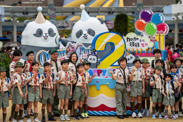 Hong Kong Panda Twins Mark 2nd Birthday Visitors taking photos with a display themed after the panda twins 2nd birthday at the entrance of Hong Kong Ocean Park on August 14, 2026 in Hong Kong. The Hong Kong Panda twins today celebrated their 2nd birthday. (Photo by Vernon Yuen Nexpher Images) HONG KONG