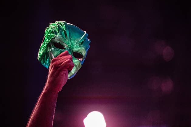 Rostock, Germany, August 14, 2026 Marteria Zum Glück in die Zukunft Tour 2026 Rostock In the photo: Marsimoto’s mask is held aloft Copyright: xFotostandx xVoelkerx