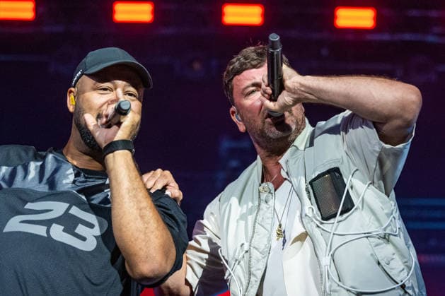 Rostock, Germany, August 14, 2026 Marteria Zum Glück in die Zukunft Tour 2026 Rostock Pictured, from left: Peter Boateng, Marten Laciny, and Marteria Copyright: xFotostandx xVoelkerx