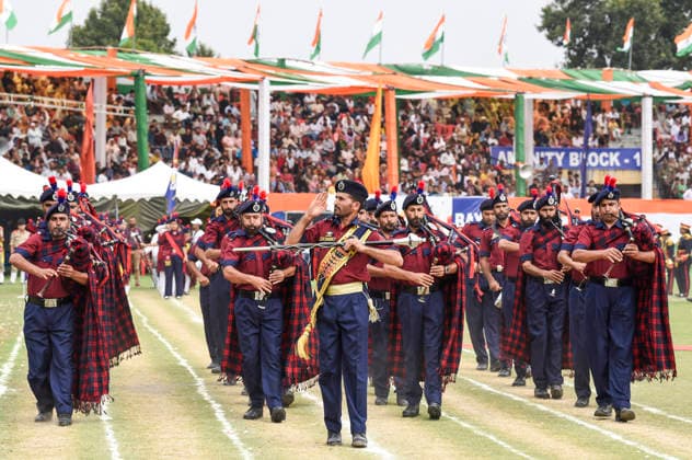 80th Independence Day Celebrations in Jammu and Kashmir s Srinagar Srinagar, Aug 15 (ANI): A Jammu and Kashmir Police pipe band take part in the parade during the 80th Independence Day celebrations at Bakshi Stadium, in Srinagar on Saturday. Srinagar Jammu and Kashmir India Copyright: xANIx ANI_20260815353