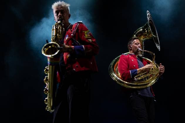 MEUTE performs at Vodafone Paredes de Coura 2026 in Portugal - 15 Aug Philipp Westermann, sousaphone player of MEUTE, and Adrian Hanack, baritone saxophone player of the ensemble, perform together on the main stage during the final day of Vodafone Paredes de Coura. Paredes de Coura Portugal Copyright: xDiogoxBaptistax xSOPAxImagesx DB_MEUTEMainStage20260815PDC_031