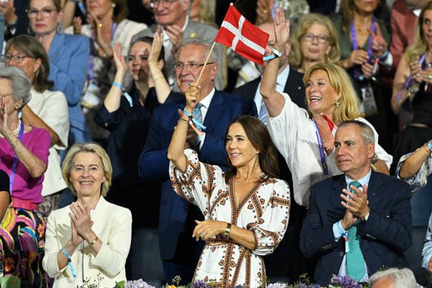 Aachen, Main Stadium, August 15, 2026, GER, FEI World Championships Aachen 2026, Lindt Prize, Grand Prix Freestyle Dressage. Pictured from left: Ursula von der Leyen, President of the European Commission; Queen Mary of Denmark, wife of King Frederik X; and dressage team captain Helle Jeanette Krasnik Trolle, Denmark; North Rhine-Westphalia, Germany