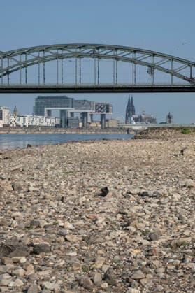 A low-angle shot captures the wide, exposed pebble and stone bank of the Rhine during extreme summer low water levels. In the blurred background, the steel truss structure of the historic Südbrücke stands out with its distinctive brick defense towers. Behind it, the Cologne skyline fe 20260816-DSCF2121