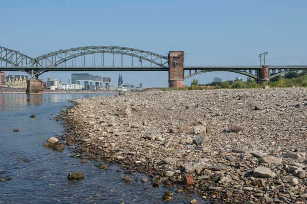 A wide-angle view captures the significantly receded riverbed of the Rhine, exposing a vast dried-out pebble and stone bank during extreme summer low water levels. The historic steel Südbrücke spans the river with 20260816-DSCF2133
