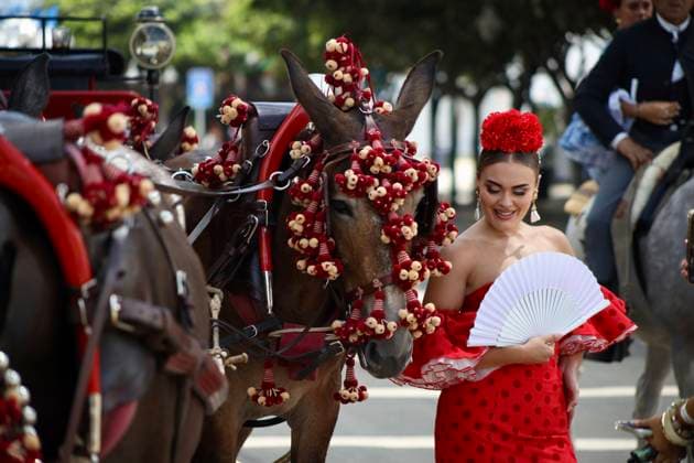 News Bilder des Tages Scenes from the Málaga Fair: Several women dressed in flamenco gowns stroll through the Cortijo de Torres at the Málaga Fair. August 16, 2026, in Málaga, Andalusia, Spain. Locals and visitors enjoy the Málaga Fair at the fairgrounds. August 16, 2026, in Málaga, Andalusia, Málaga, Andalusia, Spain Copyright: xÃ?lexxZeax 7716786