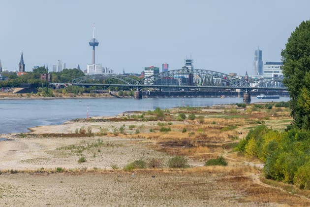 Record-Low Water Level on the Rhine: View of Cologne from the Rodenkirchen Bridge, August 16, 2026. View of the Cologne skyline from the Rhine Bridge at Rode Copyright: xMarcxJohnx