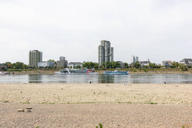 Record-Low Water Level on the Rhine: Exposed Riverbed on the Deutz Bank of the Rhine, August 16, 2026. View from the Deutz bank of the Rhine toward Cologne Cathedral, showing the riverbed exposed by Copyright: xMarcxJohnx