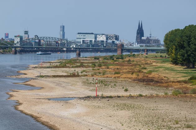 Record-Low Water Level on the Rhine: View of Cologne from the Rodenkirchen Bridge, August 16, 2026. View of the Cologne skyline from the Rhine Bridge (Cologn Copyright: xMarcxJohnx