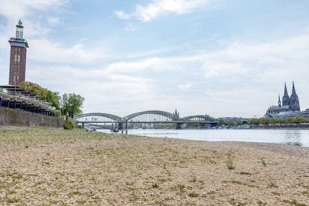 Record-Low Water Level on the Rhine: Exposed Riverbed on the Deutz Bank of the Rhine, August 16, 2026. View from the Deutz bank of the Rhine toward Cologne Cathedral, showing the riverbed exposed by the record-low water level. The water level at Cologne reached Copyright: xMarcxJohnx