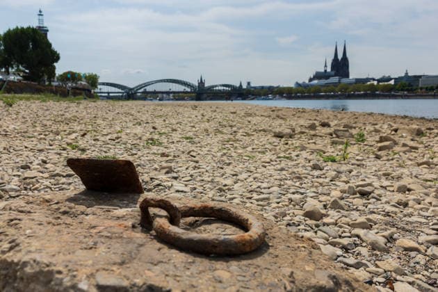 Record-Low Water Level on the Rhine: Exposed riverbed on the Deutz bank of the Rhine, August 16, 2026. View from the Deutz bank of the Rhine toward Cologne Cathedral, showing the Rhine’s riverbed exposed due to hi Copyright: xMarcxJohnx