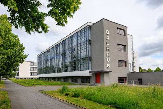 Dessau-Roßlau, exterior view of the Bauhaus building with lettering, June 5, 2026, Bauhaus City of Dessau, Dessau-Roßlau, Bauhaus, Saxony-Anhalt, Germany