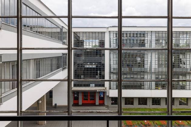 Dessau-Roßlau, view through a window of the Bauhaus building, June 5, 2026, Bauhaus City of Dessau, Dessau-Roßlau, Bauhaus, Saxony-Anhalt, Germany