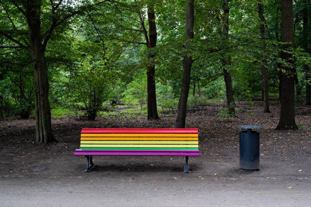 Berlin, August 18, 2026: A maple tree and a rainbow-colored bench serve as a memorial to the Islamic terrorist attack during the CSD on July 25, 2026, in the Tiergarten