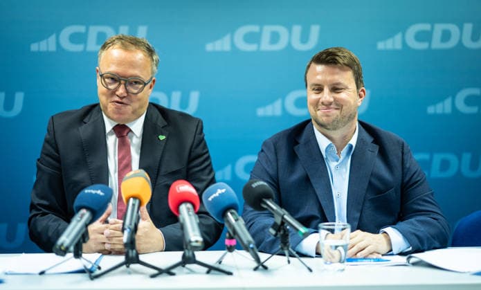 Mario Voigt, Minister-President of Thuringia, with Niklas Waßmann, Secretary General of the CDU Thuringia Press conference held by the Minister-President of Thuringia at the CDU’s state headquarters in Erfurt, Thuringia, Germany CDU Thuringia State Headquarters